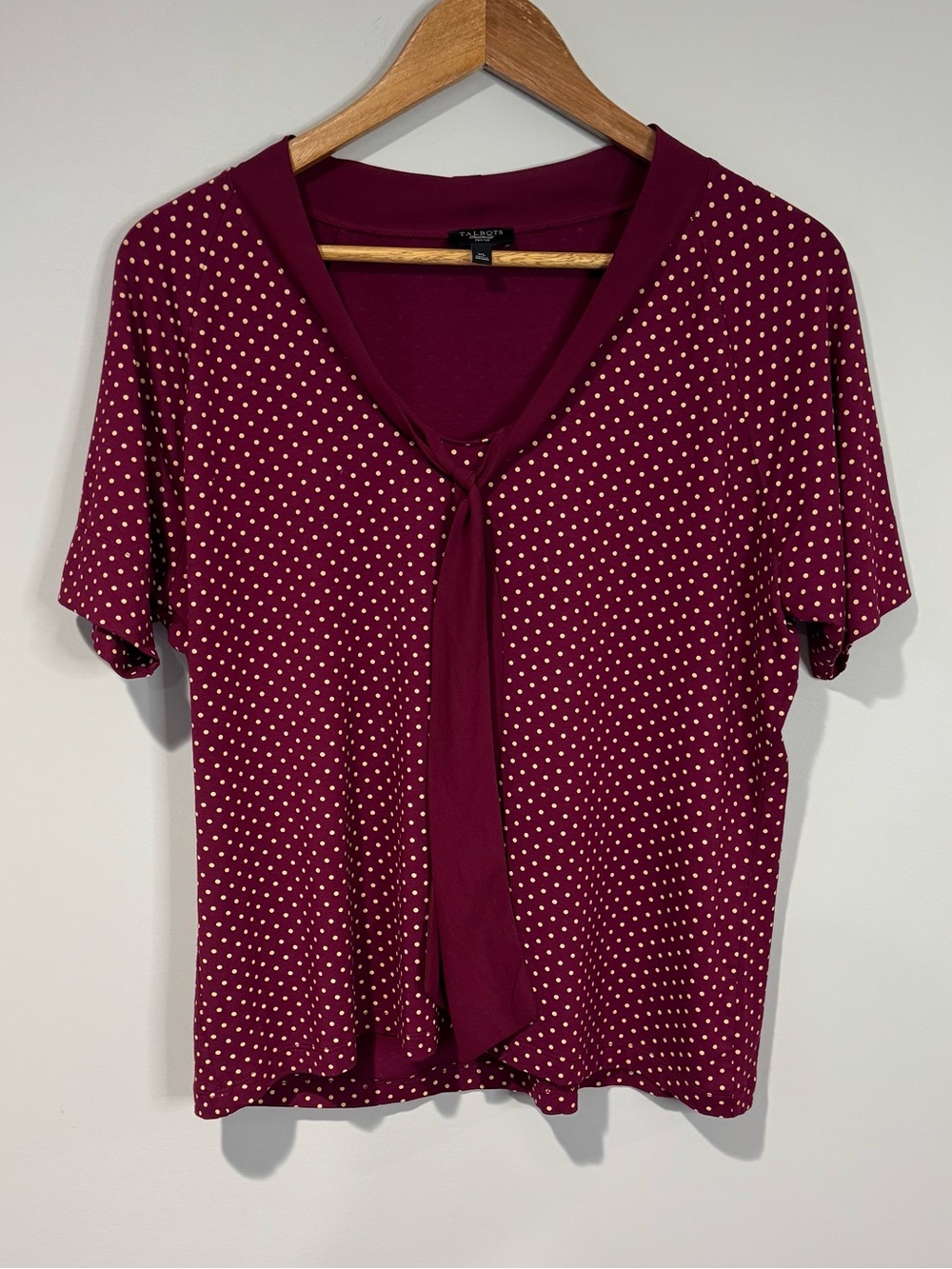 Talbots Burgundy Polka Dot Tie-Neck Short Sleeve Blouse Petite XL Career Office